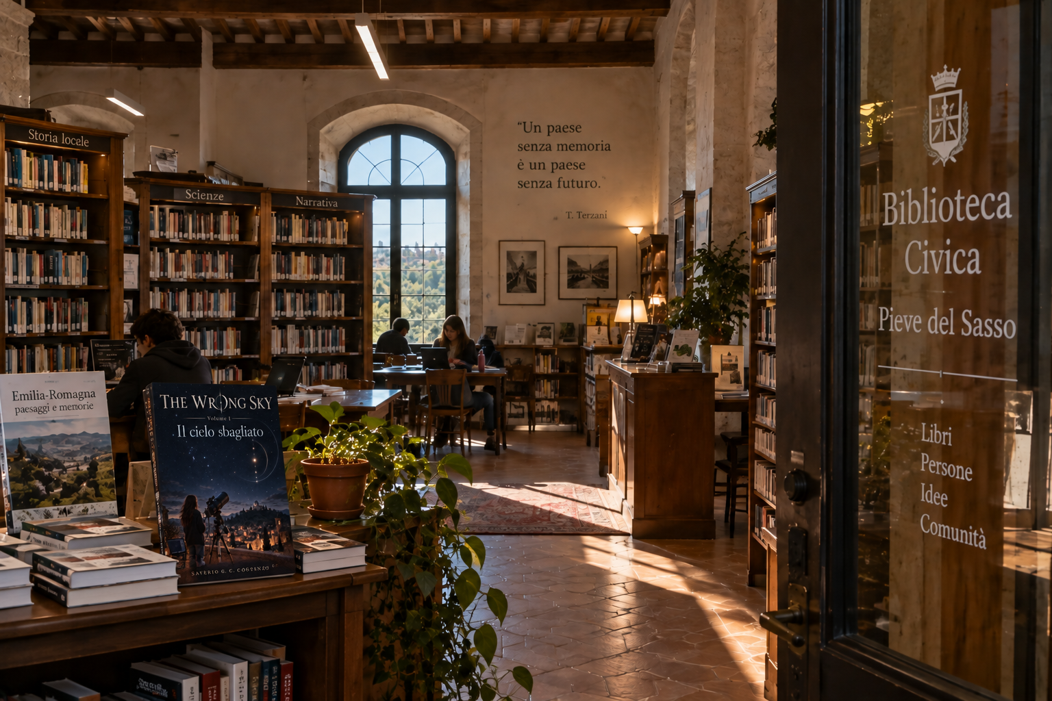 L’interno della Biblioteca Civica, con scaffali, tavoli di lettura e libri esposti