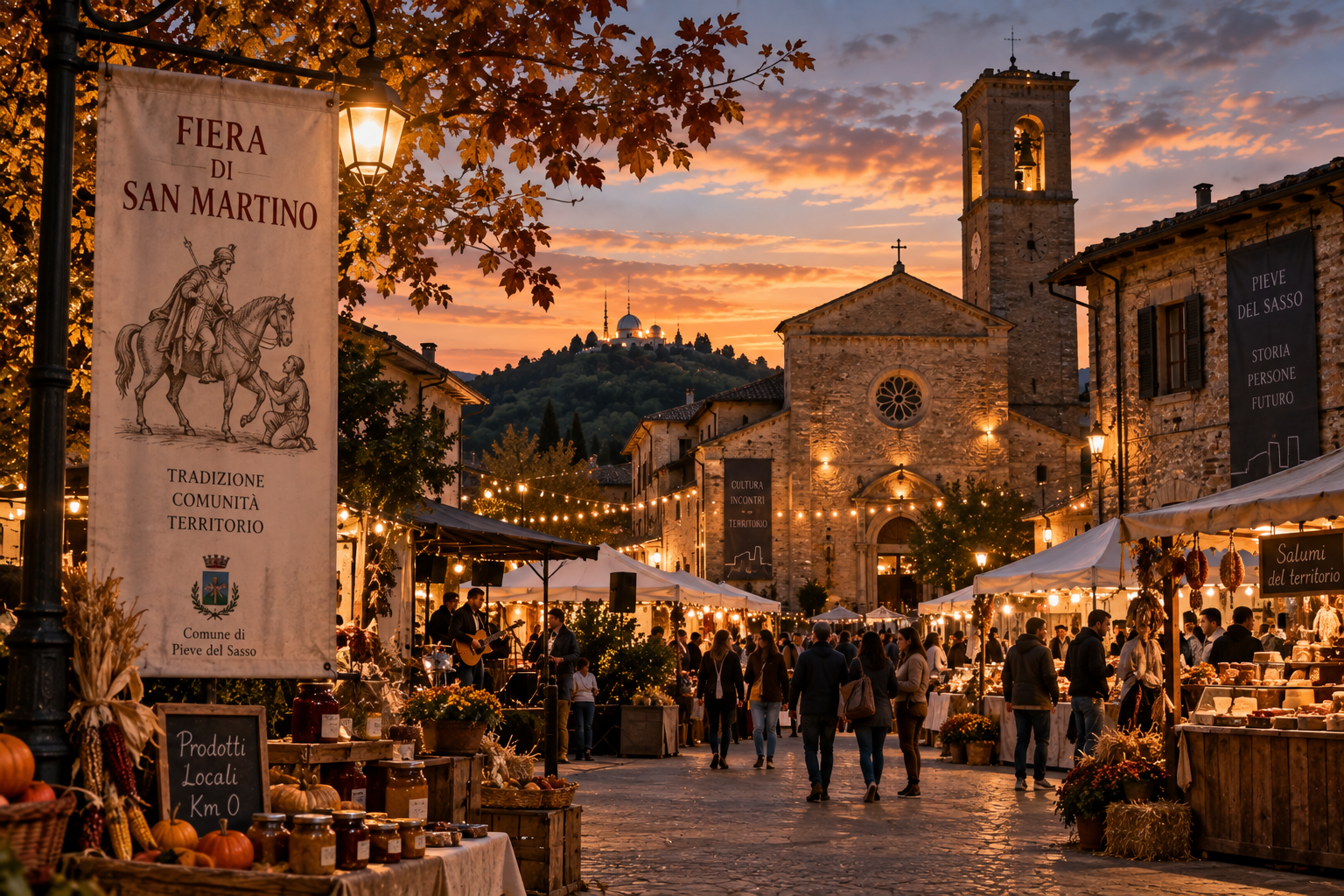 Bancarelle e visitatori alla Fiera di San Martino al tramonto, con la pieve sullo sfondo