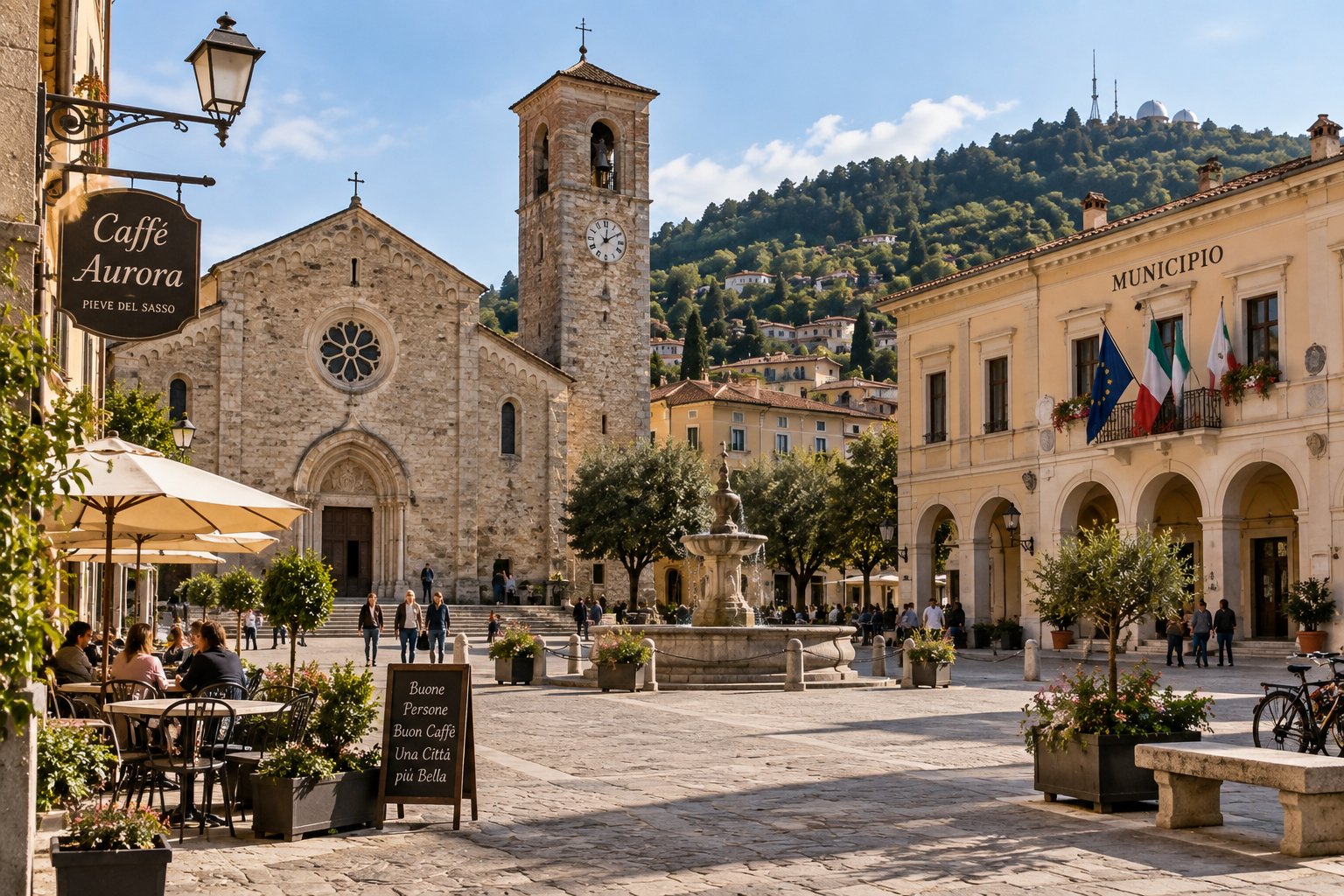 Piazza della Pieve di giorno, con la pieve, la fontana, il municipio e i tavolini del caffè
