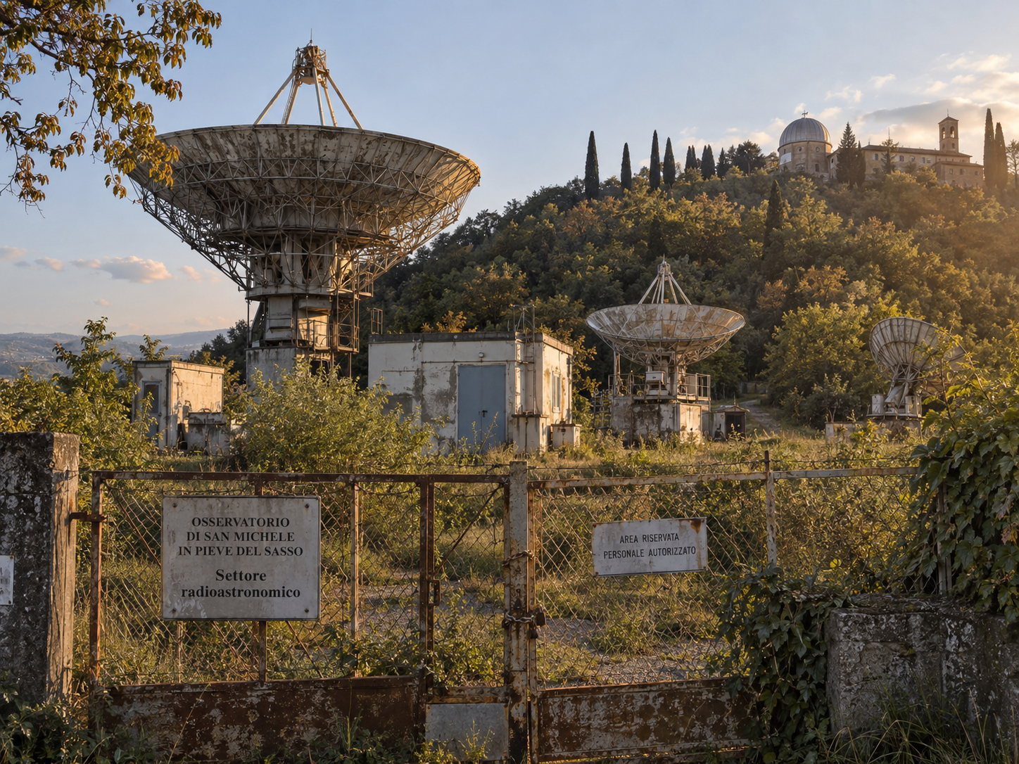 Le vecchie parabole e gli edifici tecnici del settore radioastronomico, oltre la recinzione